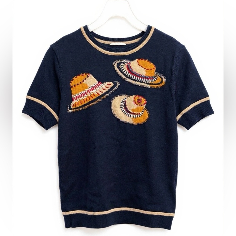 Tory Burch 100% Merino Wool Navy Hand Embroidered Beaded Sunhat Print Sweater M - Picture 15 of 15